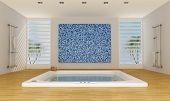 stock photo of interior  - Modern luxury bathroom with big bathtub and mosaic wall  - JPG 
