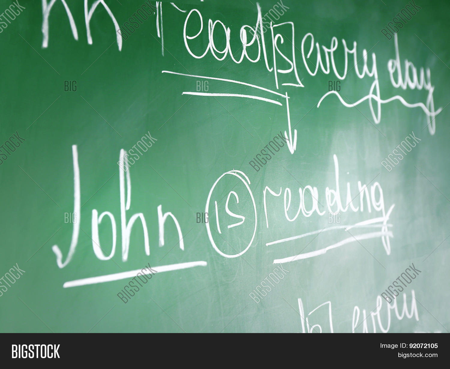 Teacher hand writing grammar sentences on blackboard background Stock