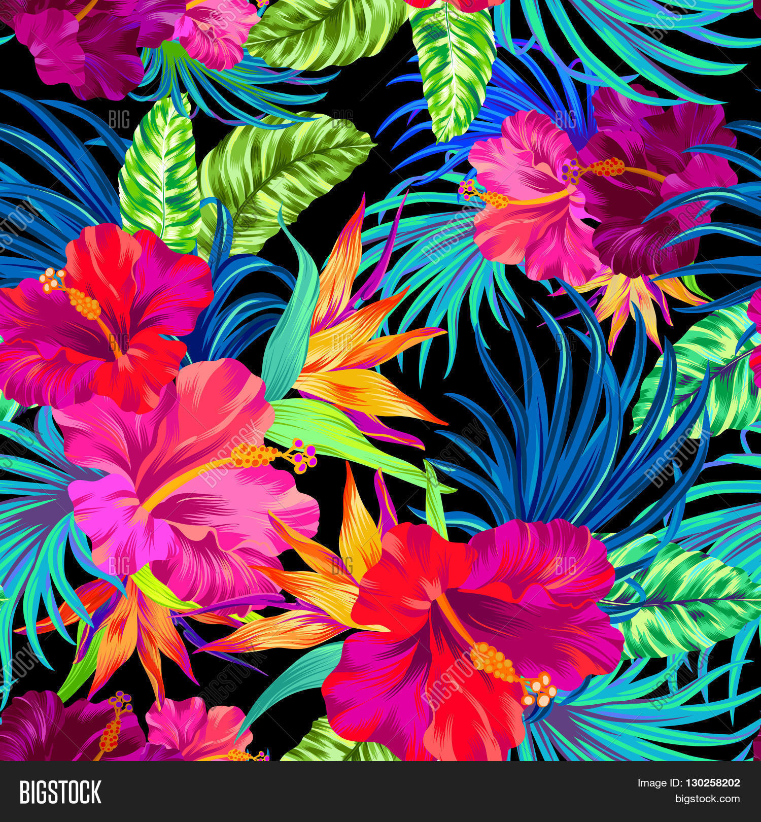 Seamless Pattern With Hibiscus Palms Tropical Flowers And Leaves Seamless Pattern With Hibiscus Palms Tropical Flowers And Leaves Colorful Vibrant Art Ilrations Amazing