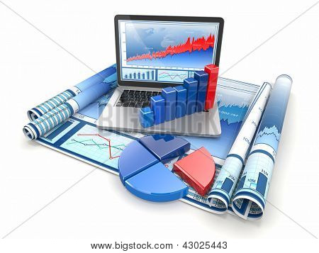 Picture or Photo of Business analyze. Laptop, graph and diagram. 3d