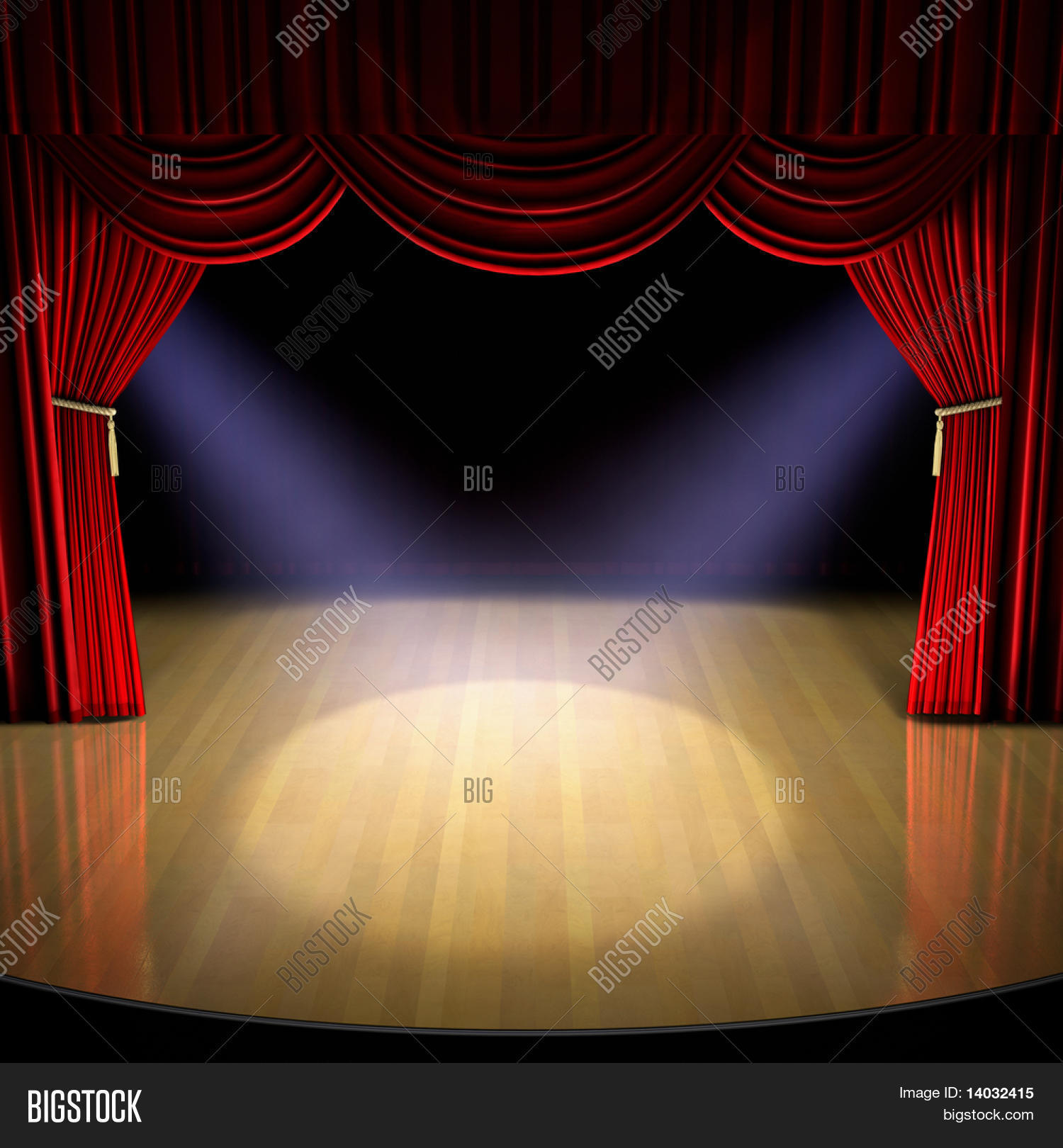 Theatre stage with red curtain and spotlights on the stage floor. Stock