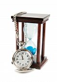 foto of watch  - hourglass and a pocket watch isolated on white background - JPG 