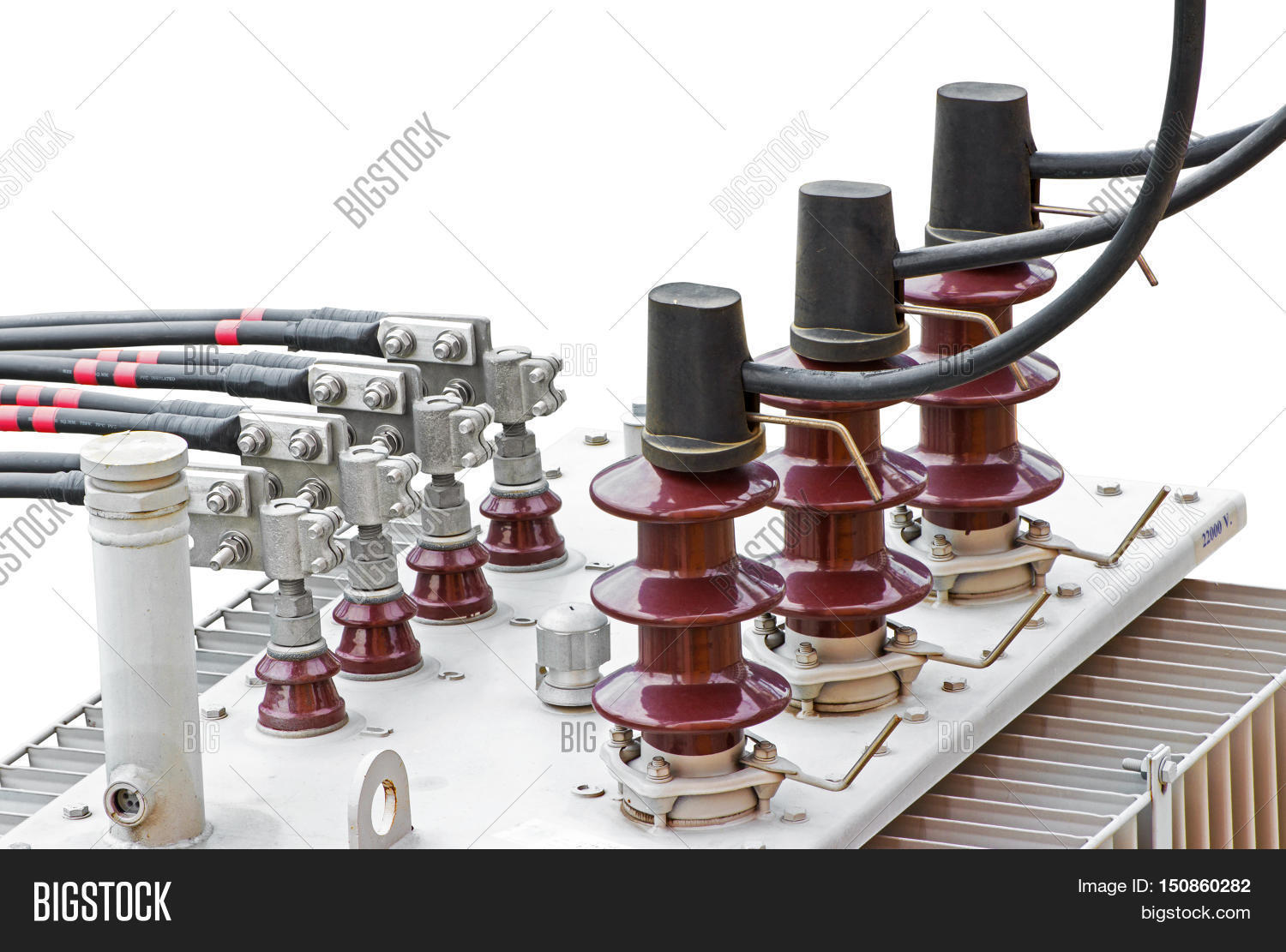 HV and LV Bushings of Transformer isolated on white background Stock