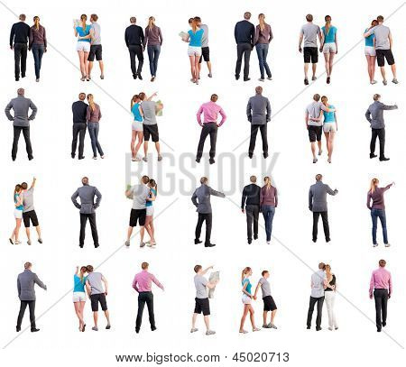 Picture or Photo of Collection " back view of walking people ". going people in motion set.  backside view of person.  Rear view people collection. Isolated over white background.