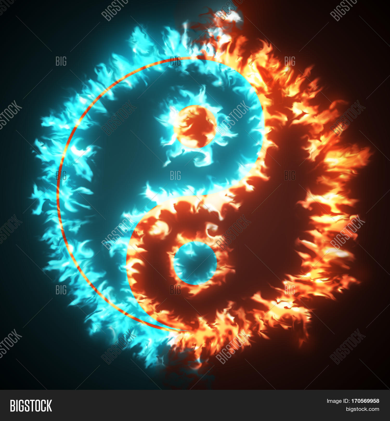Yin and Yang symbol in red and blue fire. Concepts of the bad inside