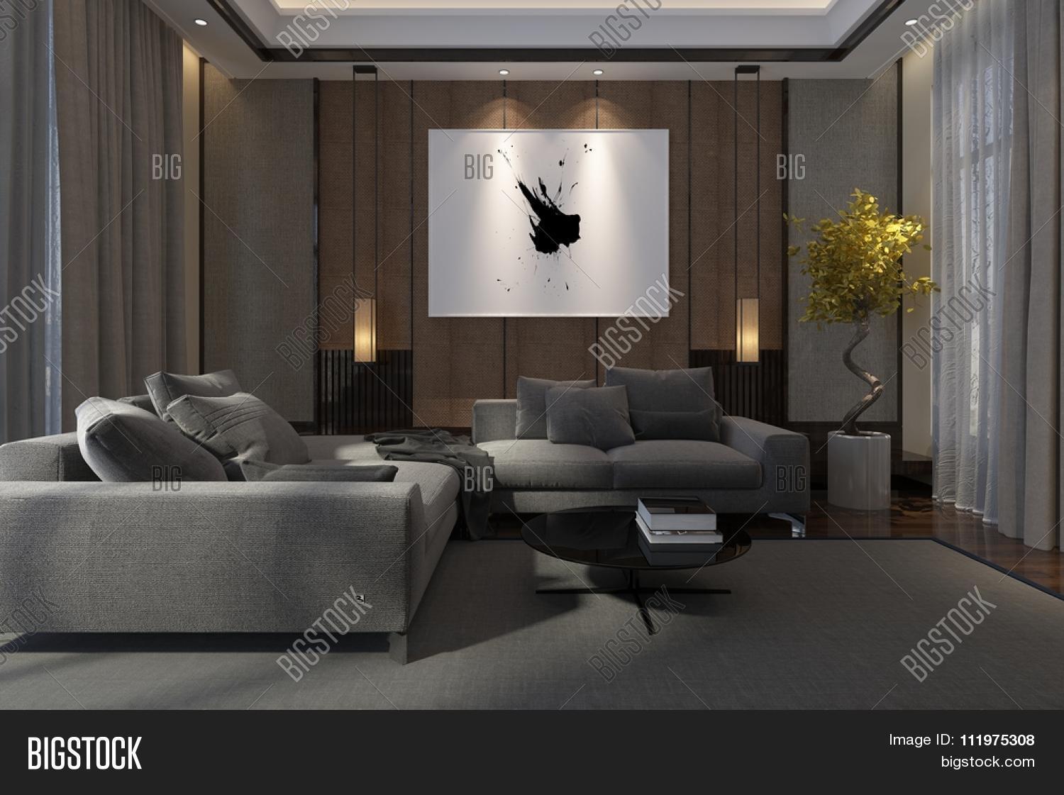 Cozy luxury living room interior at night with comfortable lounge suite
