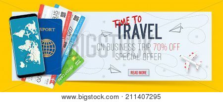 Special Offer On Business Travel Trip Banner Passport With Tickets Smartphone And Credit Special Offer On Business Travel Trip Banner Passport With Tickets Smartphone And Credit