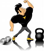 picture of dumbbells  - vector illustration of human figure body builder lifting a dumbbell set inside a circle - JPG 