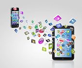 stock photo of communication  - Modern communication technology illustration with mobile phone and high tech background - JPG 