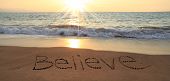 image of beach  - Believe written in the sand at the beach - JPG 