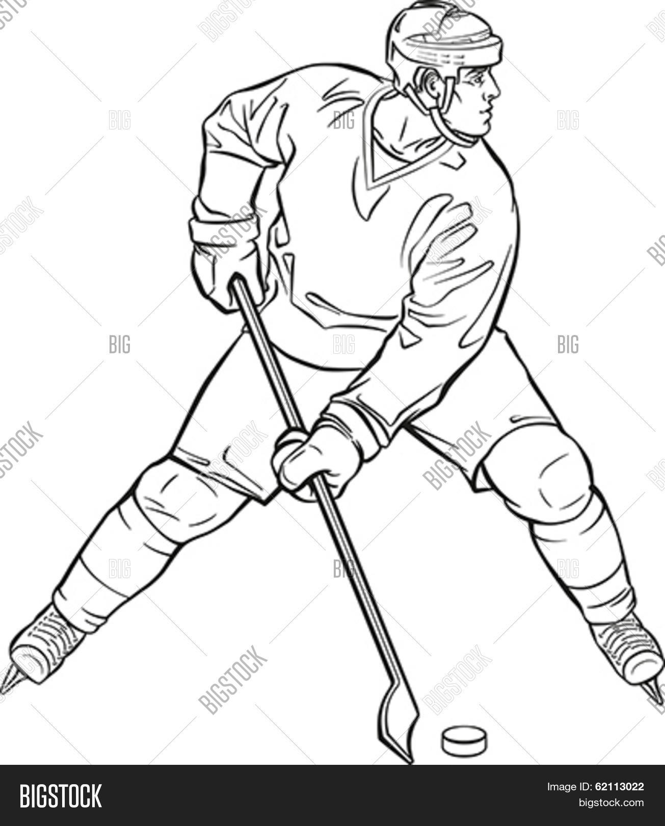 Ice hockey player in action. Editable vector illustration in outlines