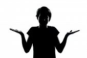 stock photo of one  - one caucasian young teenager silhouette boy or girl  ignorant hesitation shrugging gesture portrait in studio cut out isolated on white background - JPG 