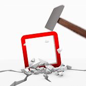 image of unbreakable  - Red  round destroy 3d graphic with unbreakable rectangle symbol smashed with a hammer - JPG 