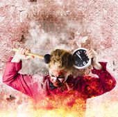 foto of time  - Stressed female zombie out of time melting in a horror inferno with clock in hand - JPG 
