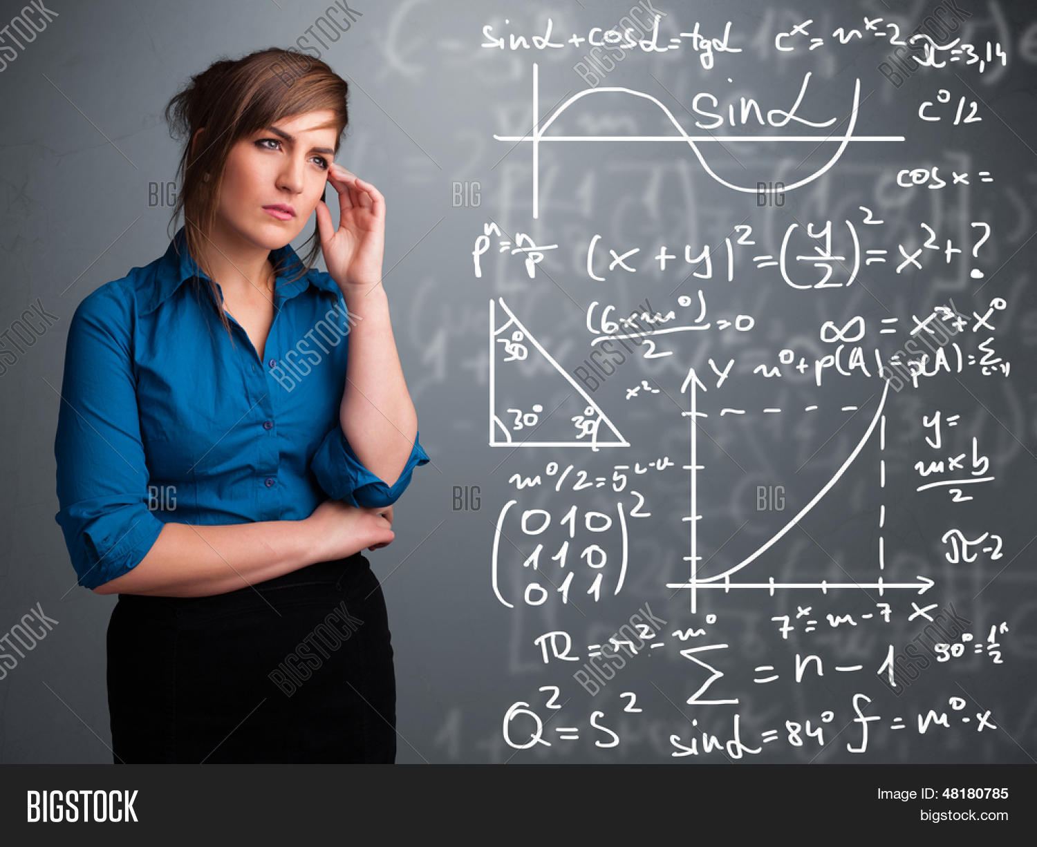Chica joven hermosa de la escuela pensando en signos Chica joven hermosa de la escuela pensando en signos