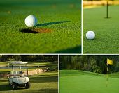 foto of golf  - Various golf image collage of white golf ball on putting green next to hole golf cart and flag - JPG 