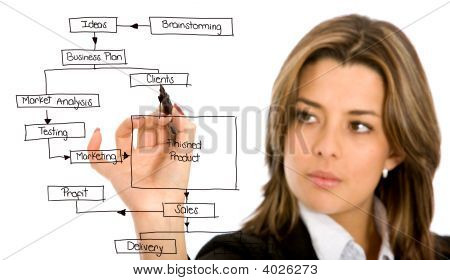 Picture or Photo of Business woman drawing a business plan isolated over a white background