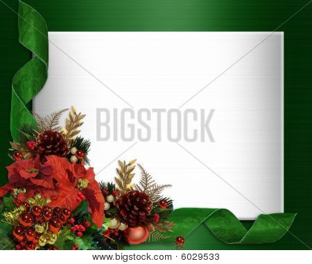 Picture or Photo of Image and Illustration composition for Christmas holiday background, border, satin  formal template with poinsettias, ornaments and green damask ribbons, copy space
