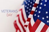 some american flags and the text veterans day against an off-white background