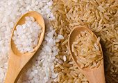 picture of nature  - Natural white and brown long rice in wood spoons - JPG 