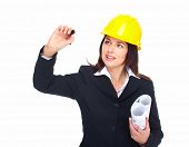 stock photo of construction  - Engineer woman writing on white background - JPG 