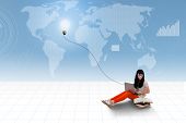 stock photo of world  - Beautiful asian student study using laptop on blue world map background and lit light bulb on top - JPG 