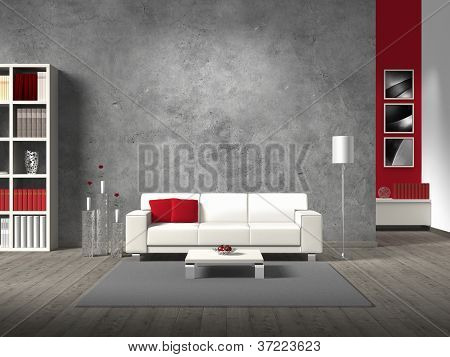 Picture or Photo of Modern fictitious living room with white sofa and copy space for your own image/photos on the concrete wall behind the sofa; the photos in the background are taken by me - no rights are innfringed