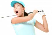 image of golf  - Woman playing golf surprised over golf swing - JPG 