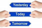 picture of yesterday  - Today Tomorrow and Yesterday traffic signs with hand on the white background - JPG 