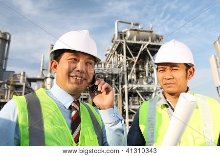 Picture or Photo of Industrial engineer communicate with mobile phone with industrial construction background