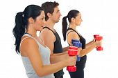 picture of fitness  - Group of three people doing fitness exercises with barbell against white background - JPG 