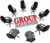 stock photo of meeting  - A number of chairs gathered in a circle around the words Group Session for a meeting or interaction with several people for therapy or business brainstorming or sharing ideas - JPG 