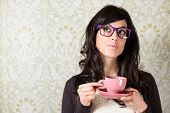 pic of look  - Casual woman thinking and looking pensive on retro vintage background - JPG 