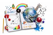 picture of opening  - An open book has various math science and space concepts coming out of it for a school or learning concept - JPG 