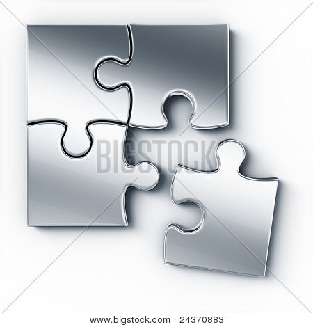 Picture or Photo of Metal puzzle pieces on a white floor seen from the top