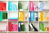 stock photo of objects  - White office shelves with different stationery - JPG 