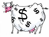 stock photo of cash  - Cartoon of a cash cow with dollar signs on its body - JPG 