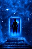 foto of soul  - mystical door and stairs with man silhouette entering in Universe like a symbol of spiritual philosophy - JPG 
