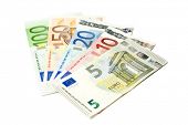 stock photo of bill  - European currency bills from 5 to 100 Euros fanned out on white background - JPG 