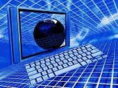image of computer technology  - Conceptual image showing a globe and computer depicting global technology - JPG 