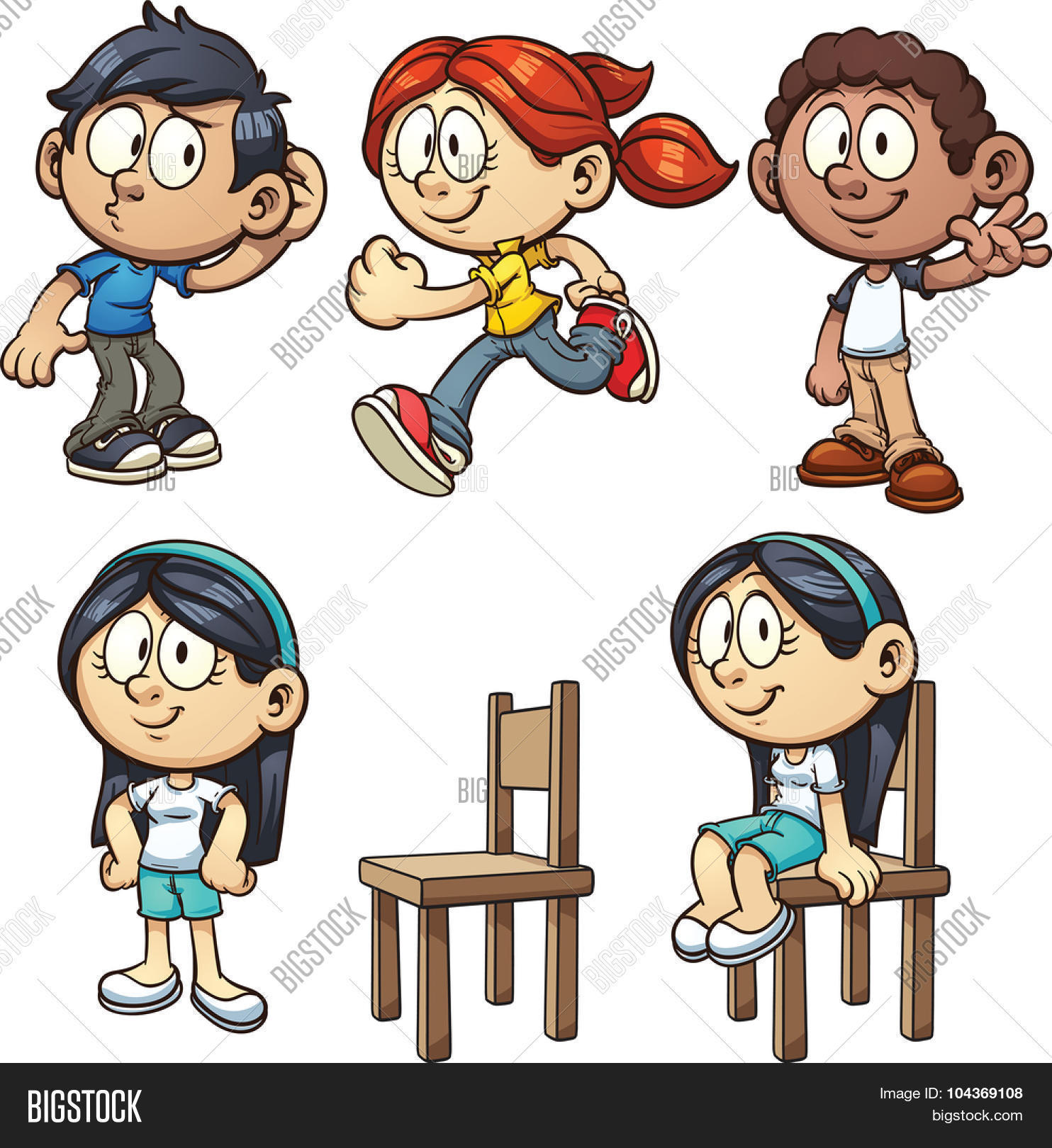 Cartoon kids performing different actions. Vector clip art illustration with simple gradients