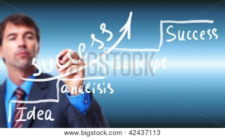 Picture or Photo of Businessman writing on blue screen. Successful strategy background.