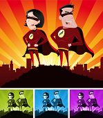 picture of beams  - Illustration of a cartoon super hero man and woman standing proudly with the cityscape over the sunlight beams - JPG 