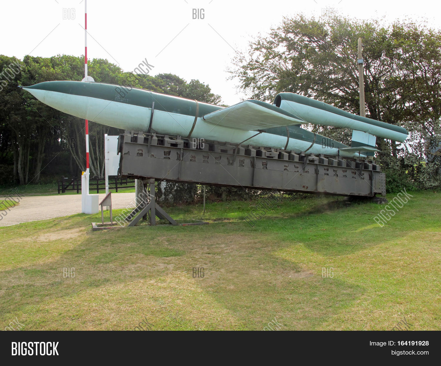 V1 Nazi flying bomb on a section of launch ramp Stock Photo & Stock