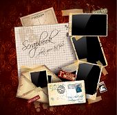 stock photo of objects  - Vintage scrapbook composition with old style distressed postage design elements and antique photo frames plus some post stickers - JPG 