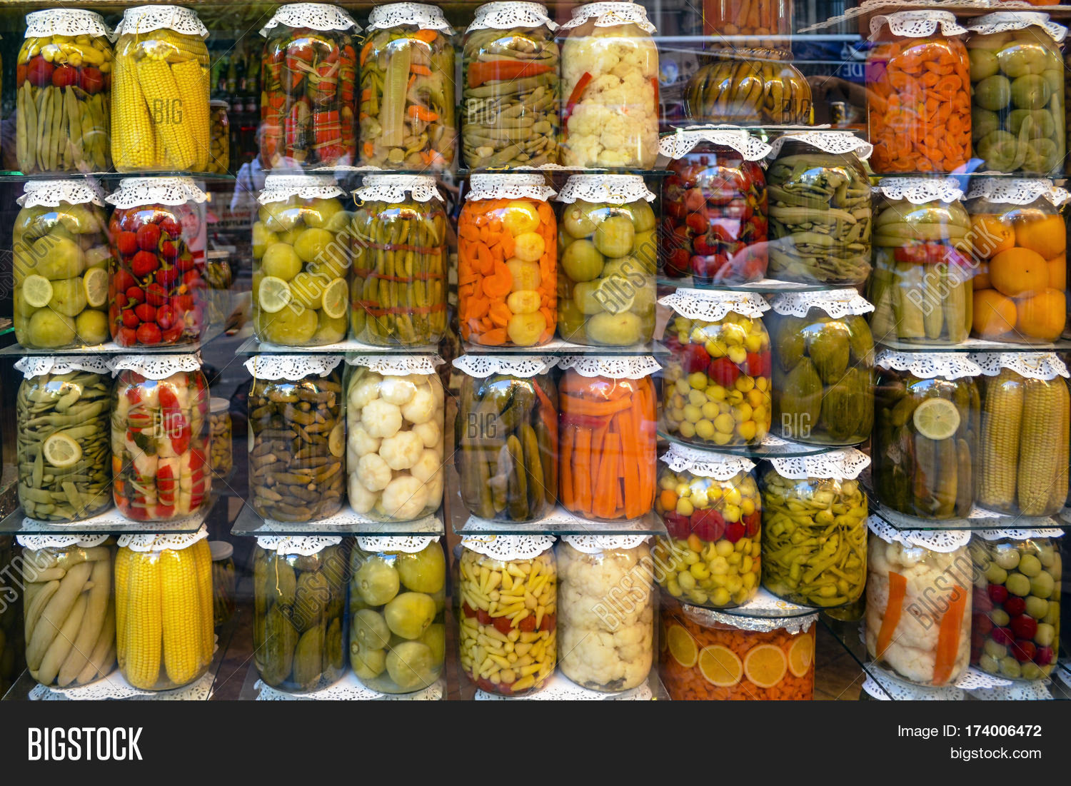 Tursu Turkish pickled vegetables and fruits neatly arranged in jars in