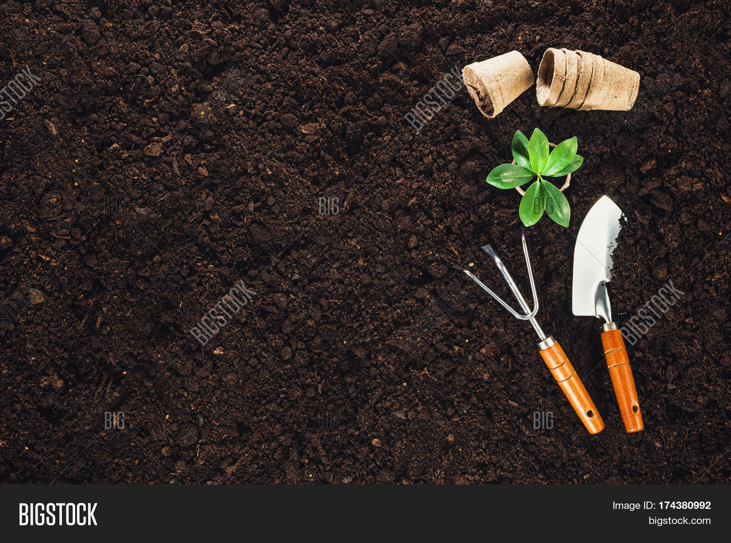 Gardening tools on fertile soil texture background seen from above, top