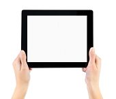 stock photo of hand  - Woman hands holding electronic tablet pc with blank screen - JPG 