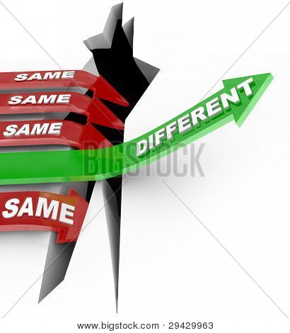 Picture or Photo of Several red arrow with the word Same fall into an abyss but one successful green arrow with the word Different rises to win a competition, symbolizing the power of new unique ideas and innovation