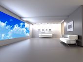 picture of blue sky  - room with sofa in light tones with blue of the sky in the open window - JPG 